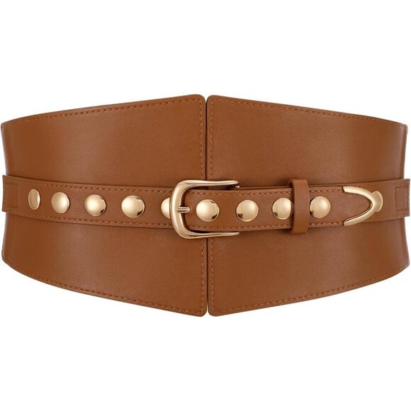 Women Elastic Chunky Stretchy Elegance Belt with Gold Rivets Buckle Daily Brown